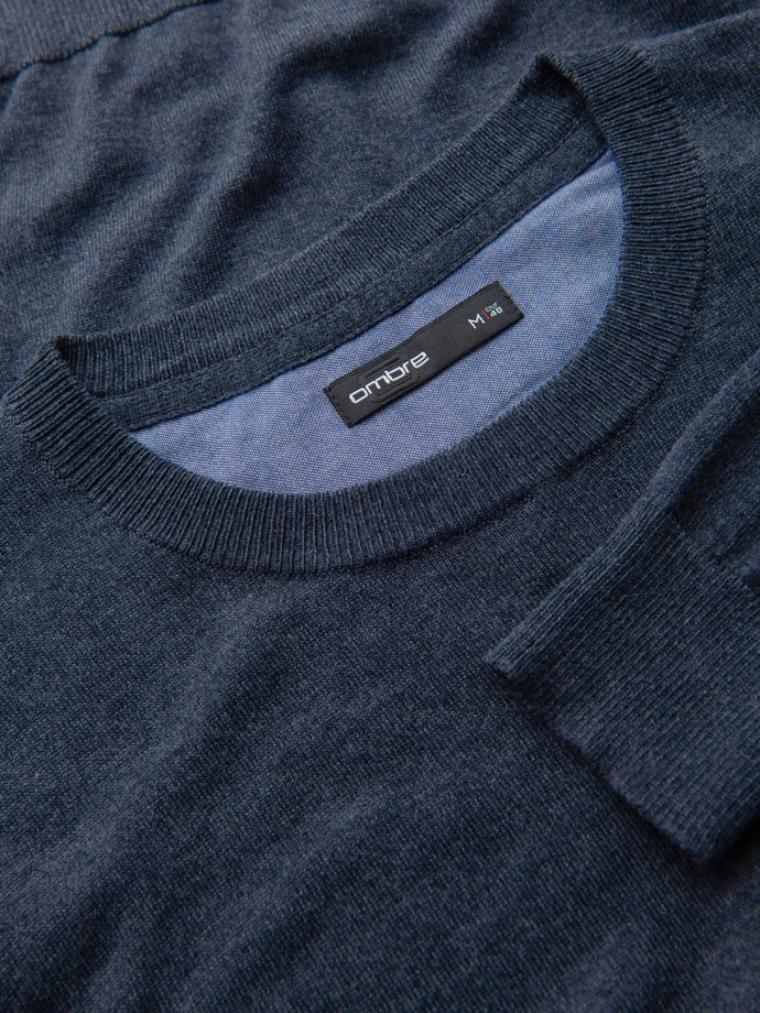 BASIC men's viscose classic sweater with round neckline - navy blue melange V16 OM-SWBS-0106