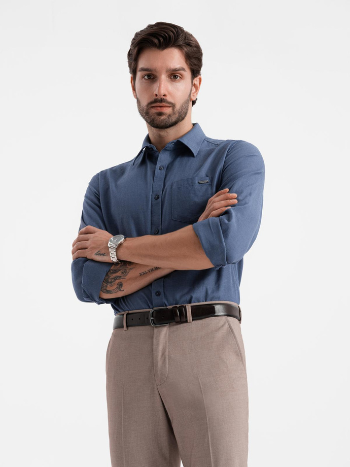 Vyriški medvilniniai REGULAR FIT marškiniai su kišenėmis - mėlyni V3 OM-SHCS-0147