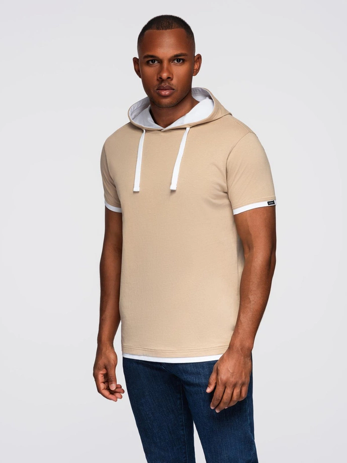 Men's hooded cotton t-shirt - beige V5 OM-TSCT-0256