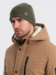 Men's knitted beanie cap with patch - olive V4 OM-ACWH-0123