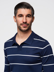 Men's horizontal striped polo longsleeve with viscose - navy blue and white V1 OM-POLS-0146