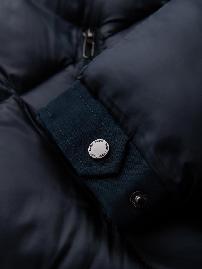 Men's hooded jacket with geometric diamond quilting - navy blue V2 OM-JAHP-0237