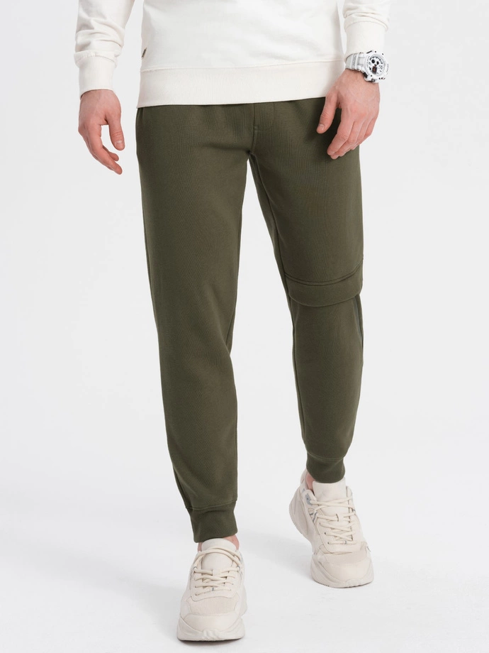 Men's sweatpants with stitching and leg zipper - olive V3 OM-PASK-0147