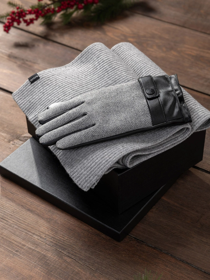 Gift set for him in grey - knitted scarf + herringbone gloves - Z93