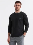 Men's cotton longsleeve with striped U neckline and embroidery - black V4 OM-LSCL-0128