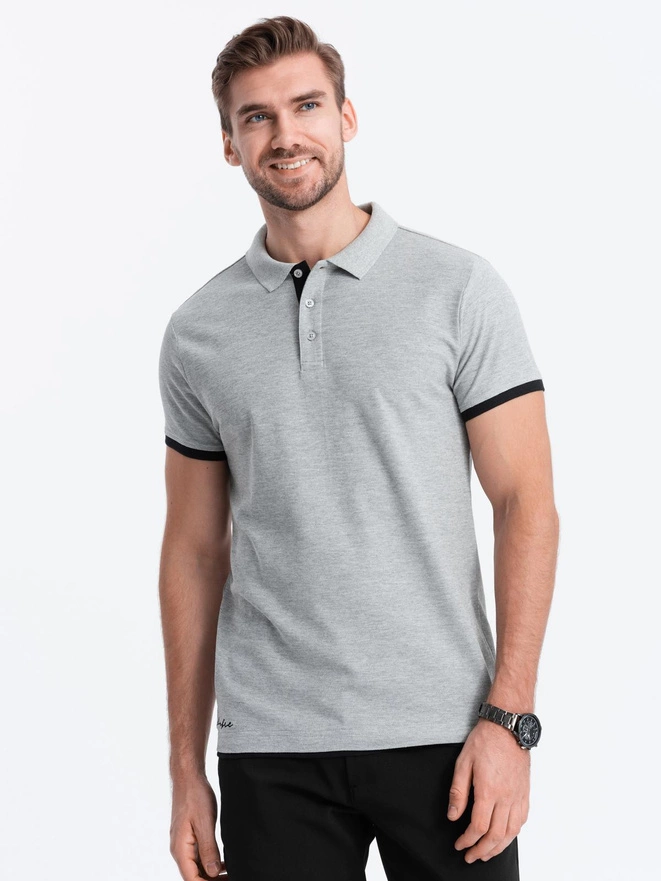 Men's cotton polo shirt with contrast trim - grey melange V7 OM-POSS-0113