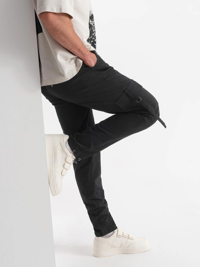 Men's cargo pants STRAIGHT LEG with stripes on pockets - black V4 OM-PACG-0197