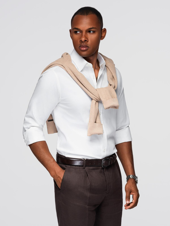 Cămașă clasică pentru bărbați SLIM FIT din țesătură satinată - alb V1 OM-SHOS-0176