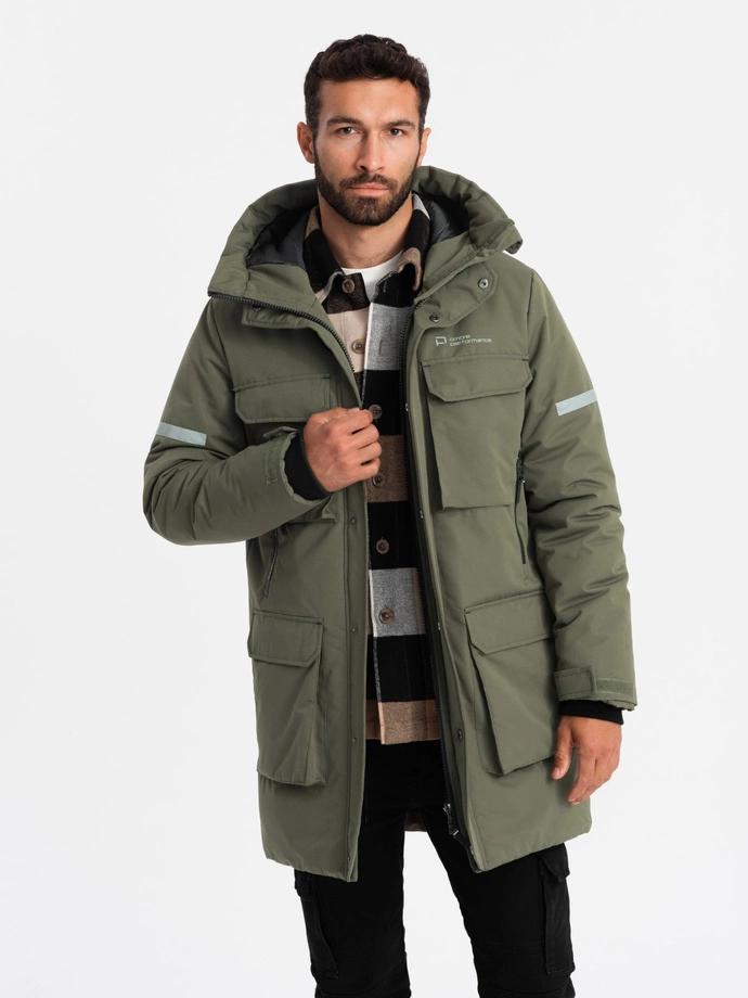 Men's insulated long jacket with reflective elements - olive V3 OM-JALJ-0169