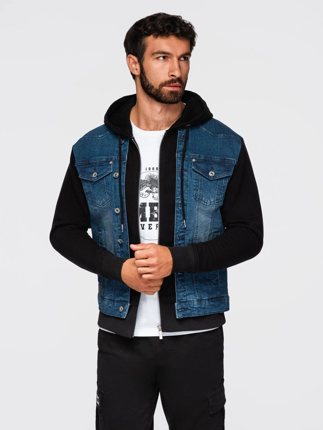 Men's denim jacket with knitted sleeves and hood - blue and black V2 OM-JADJ-0220