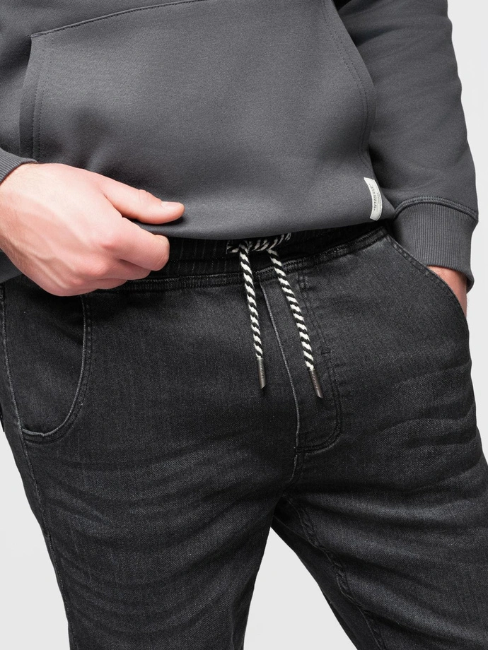 Pantaloni jogger din denim pentru bărbați cu cordon în talie - negru V4 OM-PADJ-0242