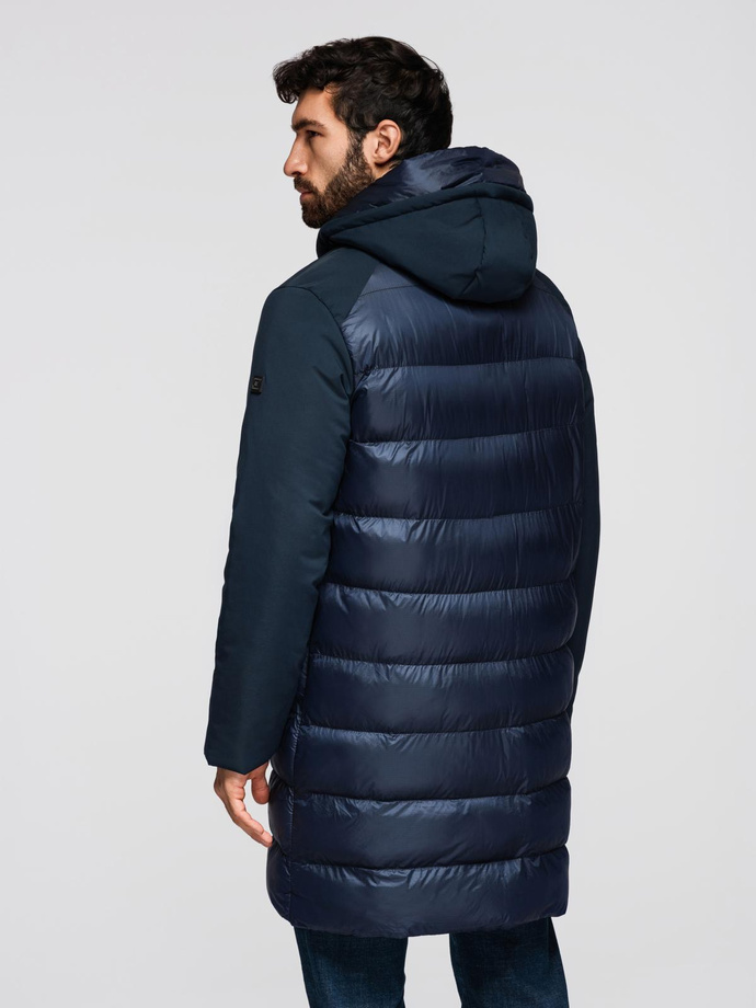 Men's quilted long jacket with large pockets - navy blue V4 OM-JALJ-0165