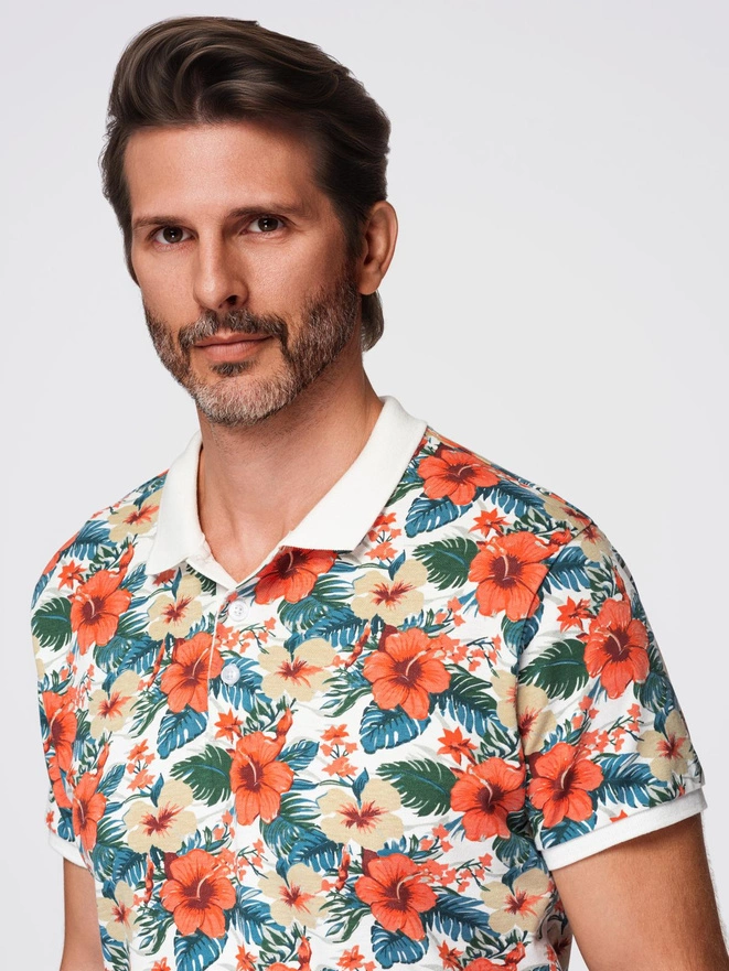 Cotton polo shirt with floral print - white V1 OM-POSS-0149