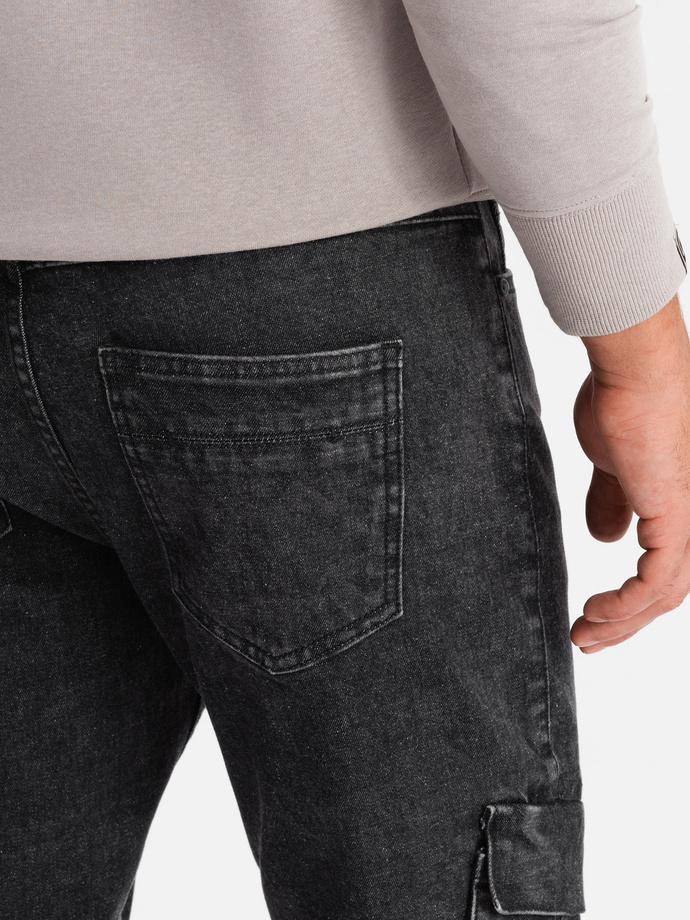 Džinsinės krovininės kelnės SLIM FIT su balinto audinio efektu - juodos V2 OM-PADP-0176