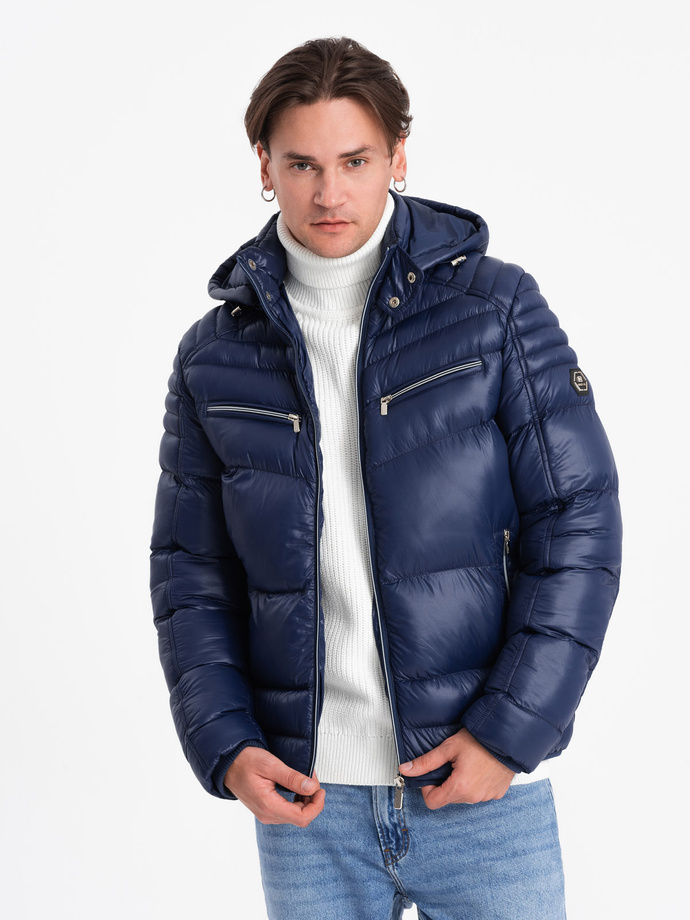 Heavily insulated quilted men's jacket with detachable hood - navy blue V2 OM-JAHP-22FW-010