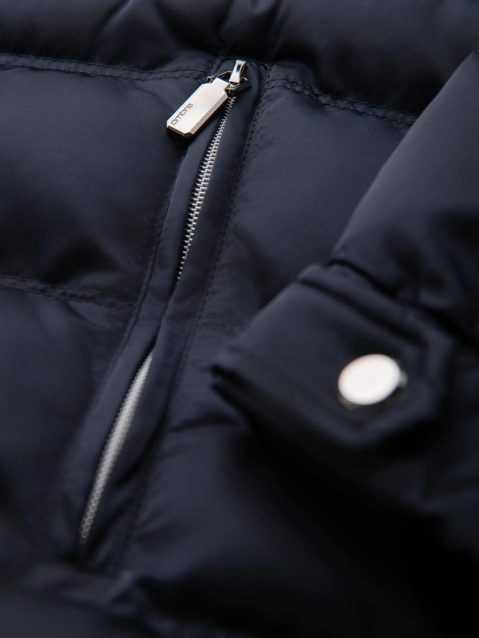 Jachetă matlasată pentru bărbați cu luciu și guler înalt - albastru închis V2 OM-JALP-0218