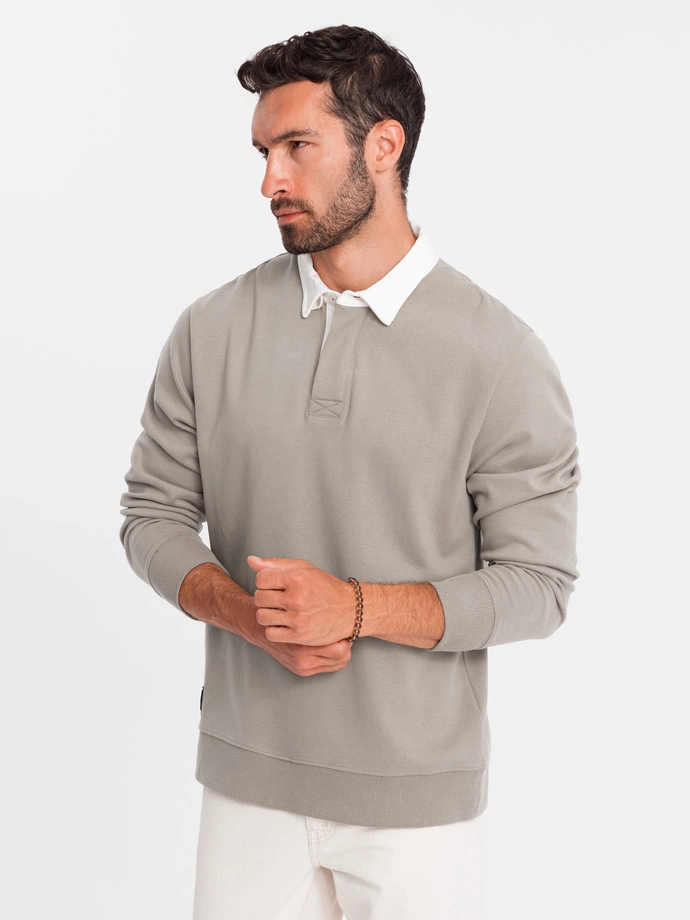 Men's sweatshirt with white polo collar - dark beige V2 OM-SSNZ-0132