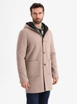 Pánský melanžový dlouhý kabát s kapucí - béžový V2 OM-COWC-0122