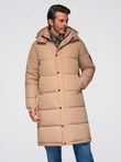 Men's quilted long jacket with detachable hood - beige V2 OM-JALJ-0190