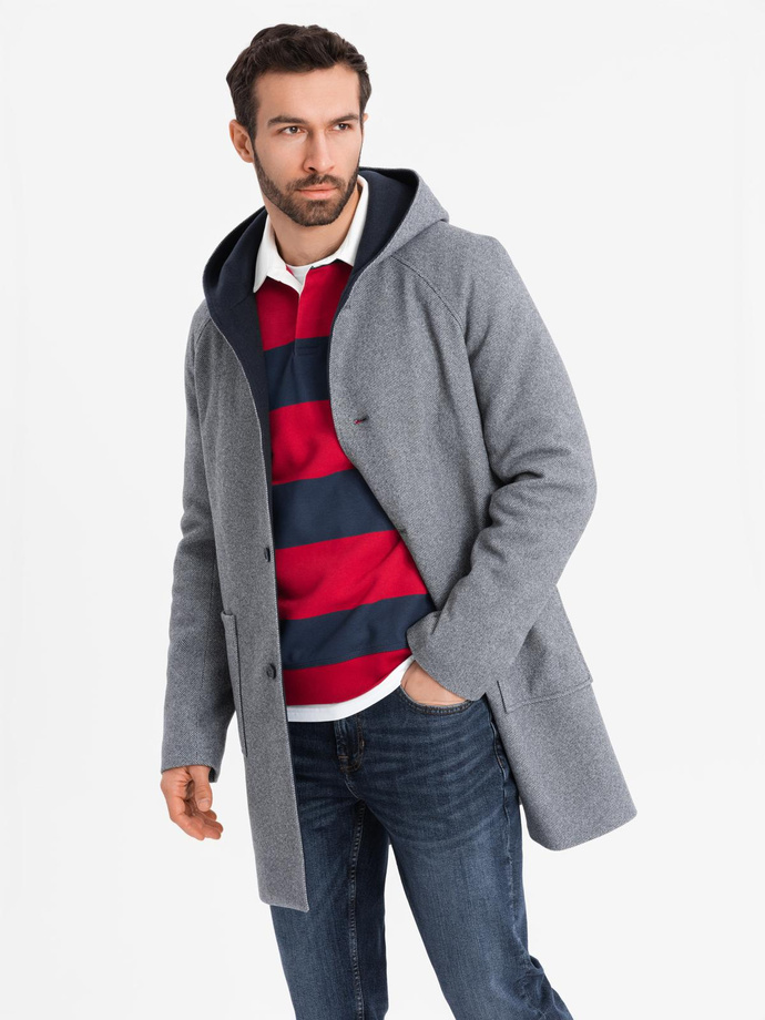 Men's melange long coat with hood - grey V1 OM-COWC-0122