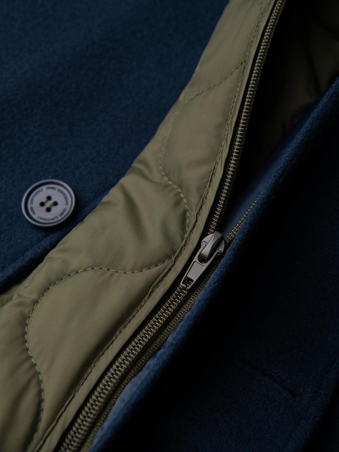 Pánsky dlhý jednoradový kabát s golierom a podšívkou - tmavomodrý V3 OM-COWC-0135