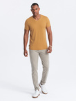Tricou clasic din bumbac pentru bărbați BASIC, cu decolteu tip echipaj - muștar melange V19 OM-TSBS-0145
