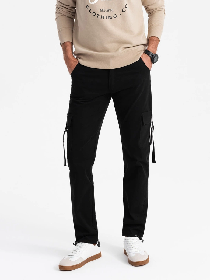 Men's cargo pants STRAIGHT LEG with stripes on pockets - black V4 OM-PACG-0197