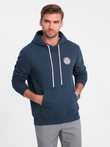 Men's kangaroo sweatshirt with hood and college style patch - navy blue V2 OM-SSNZ-0144