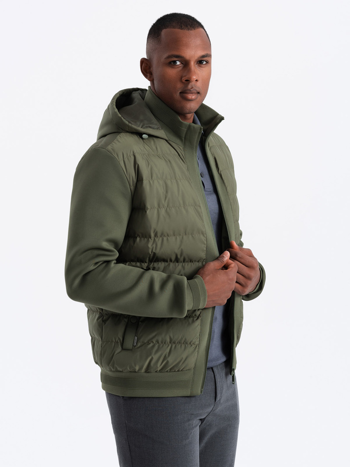 Men's quilted bomber jacket with high collar - dark olive green V3 OM-JALP-0140