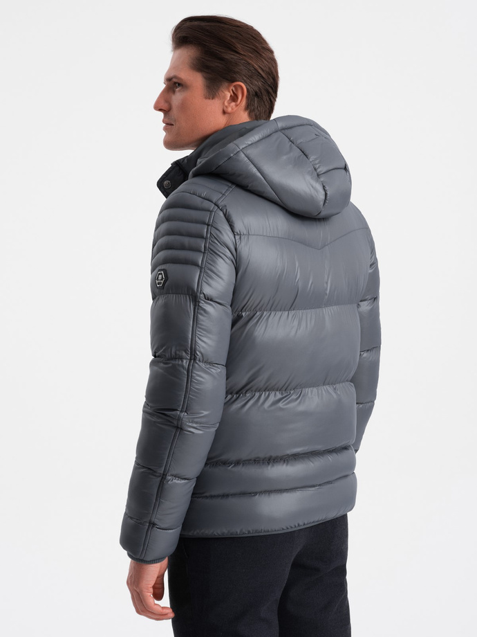 Heavily insulated quilted men's jacket with detachable hood - graphite V3 OM-JAHP-22FW-010