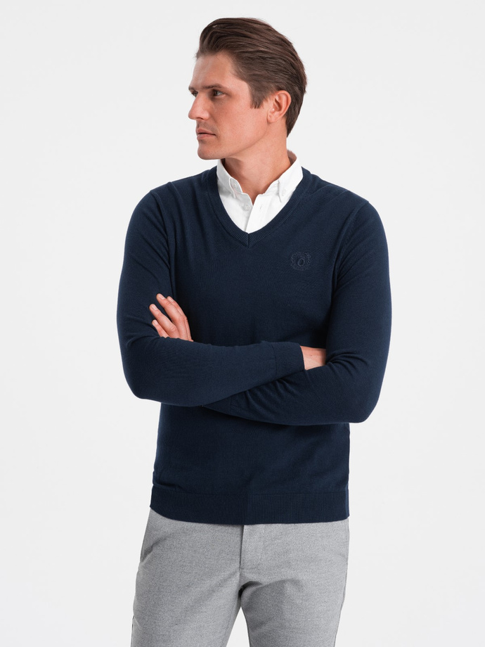 Men's sweater with a "v-neck" neckline with a shirt collar - navy blue V2 OM-SWSW-0102