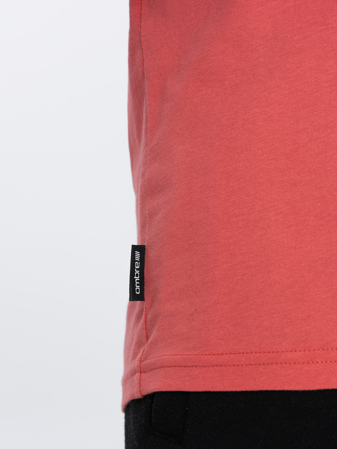 Tricou clasic din bumbac pentru bărbați BASIC cu guler în V - roz V12 OM-TSBS-0145