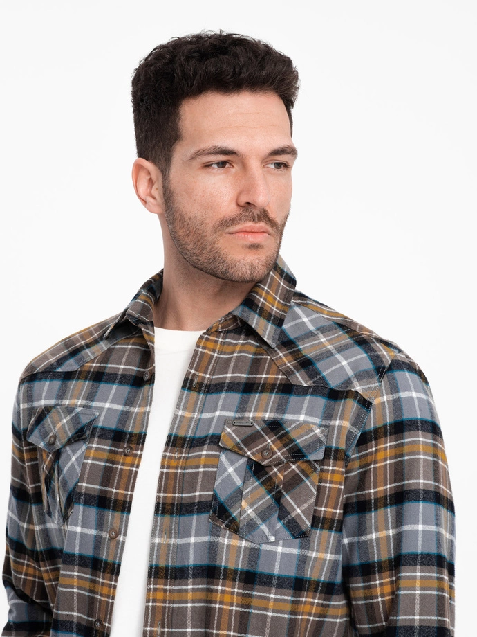 Men's checkered flannel shirt with pockets - gray-yellow V1 OM-SHCS-0149