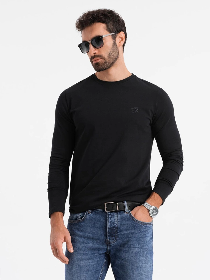 Pánske tričko SLIM FIT s dlhým rukávom, elastanom a potlačou - čierne V1 OM-LSBC-0124 