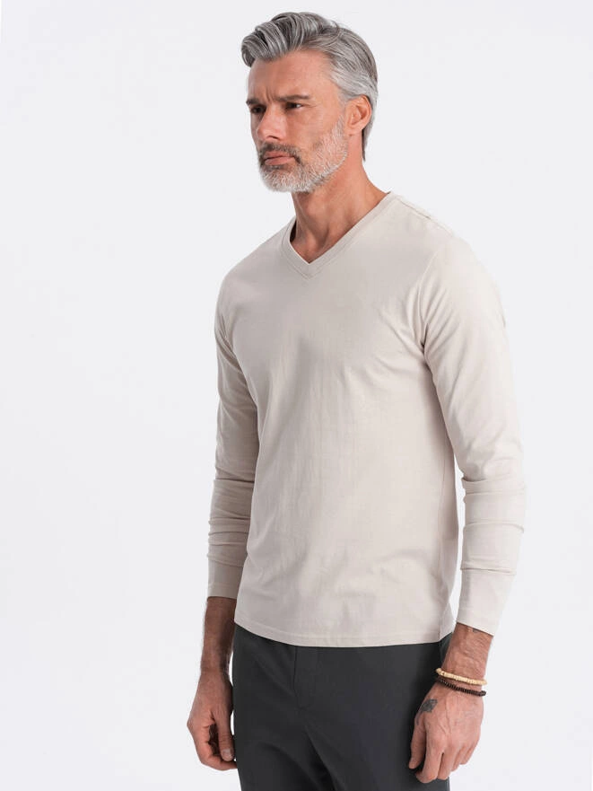 Men's unprinted longsleeve with v-neck - light beige V1 OM-LSBL-0108