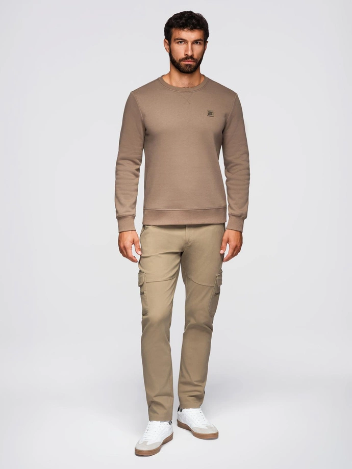 Classic men's sweatshirt with round neckline - light brown V3 OM-SSNZ-0243