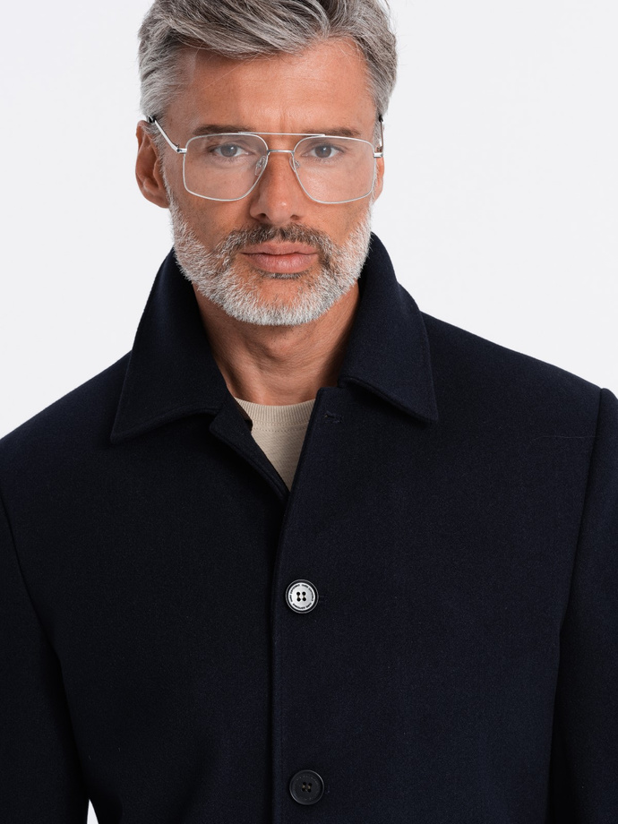 Palton bărbătesc lung cu o singură pieptănătură, cu guler și strat inferior - albastru marin V3 OM-COWC-0106