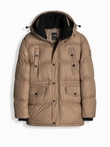 Men's long puffer jacket with snap pockets - brown V2 OM-JALJ-0186