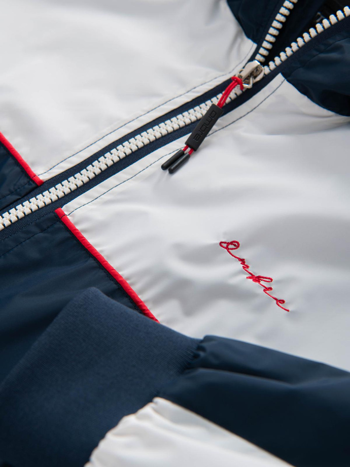 Men's contrast windbreaker jacket with hood - navy blue and white V1 OM-JANP-0228