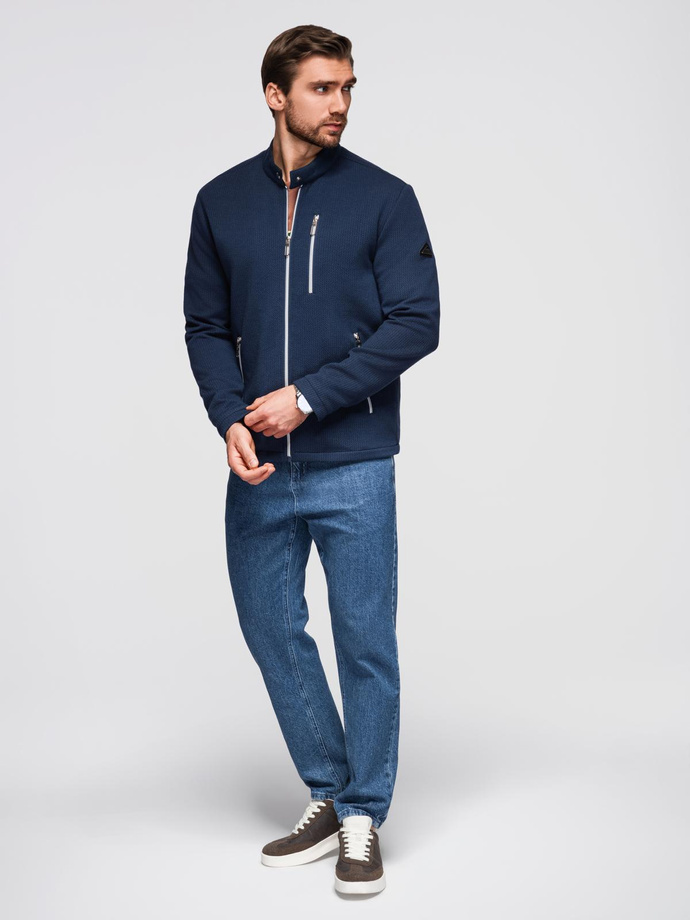 Structured men's biker jacket with stand-up collar - dark blue V1 OM-JANP-0229