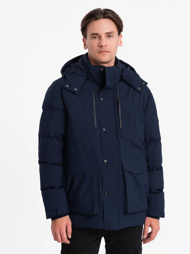 Men's winter jacket with detachable hood made of waterproof material - navy blue V1 OM-JAHP-0306