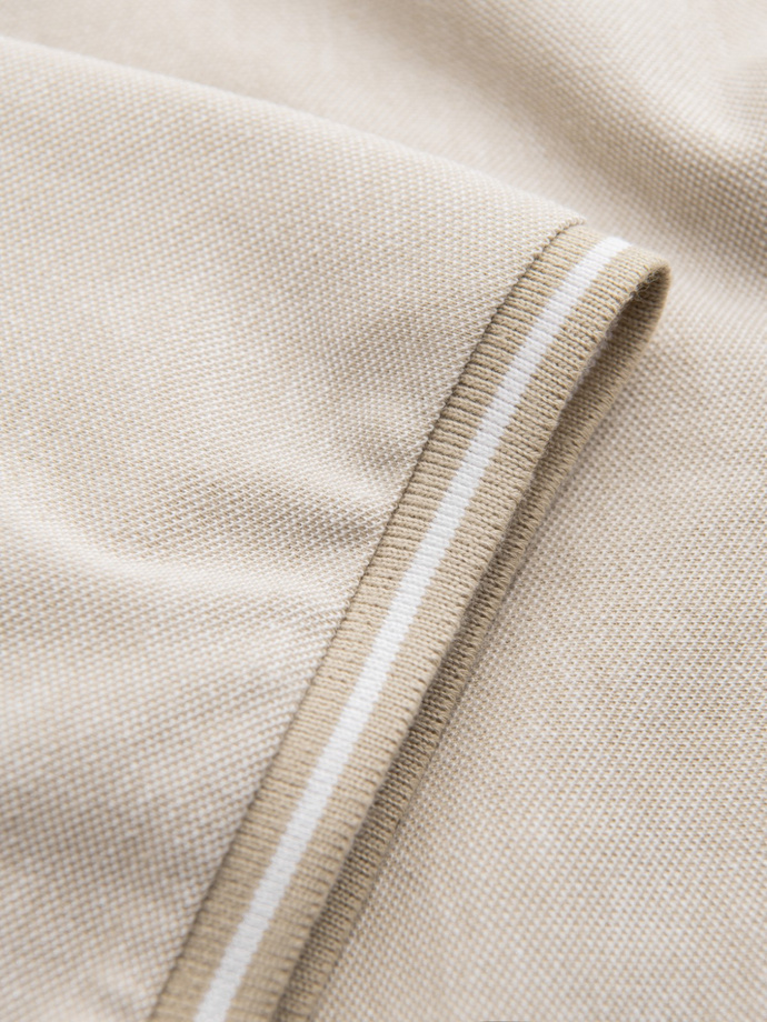 Pánske melanžové polo tričko s pruhovaným golierom - pieskové V4 OM-POSS-0109