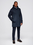 Minimalist men's mid-length coat with hood - navy blue V5 OM-COLC-0144