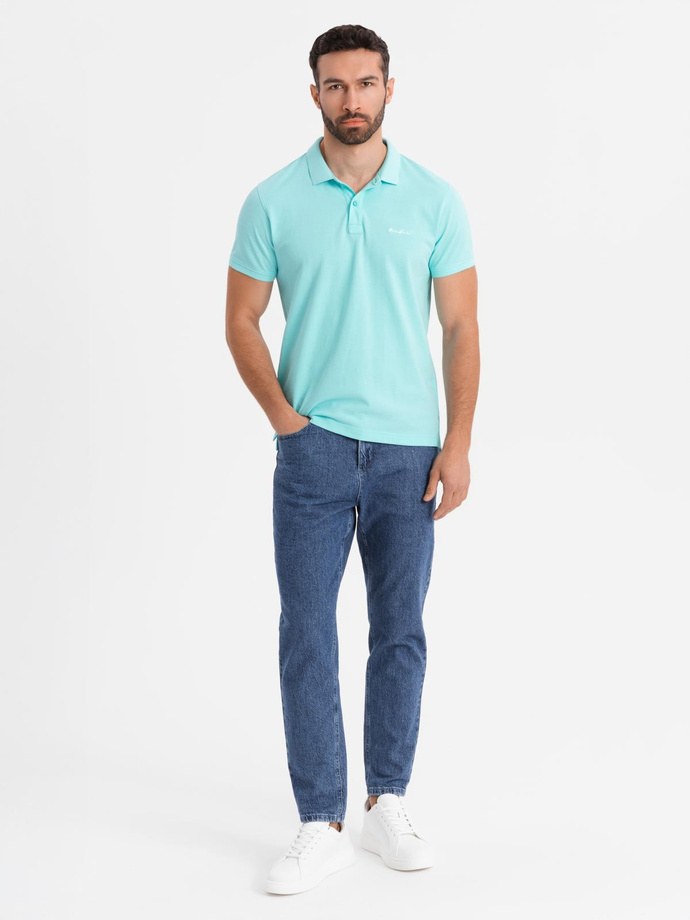Tricou polo BASIC BASIC pentru bărbați, o singură culoare, din tricot piqué - verde neon V25 OM-POBS-0100