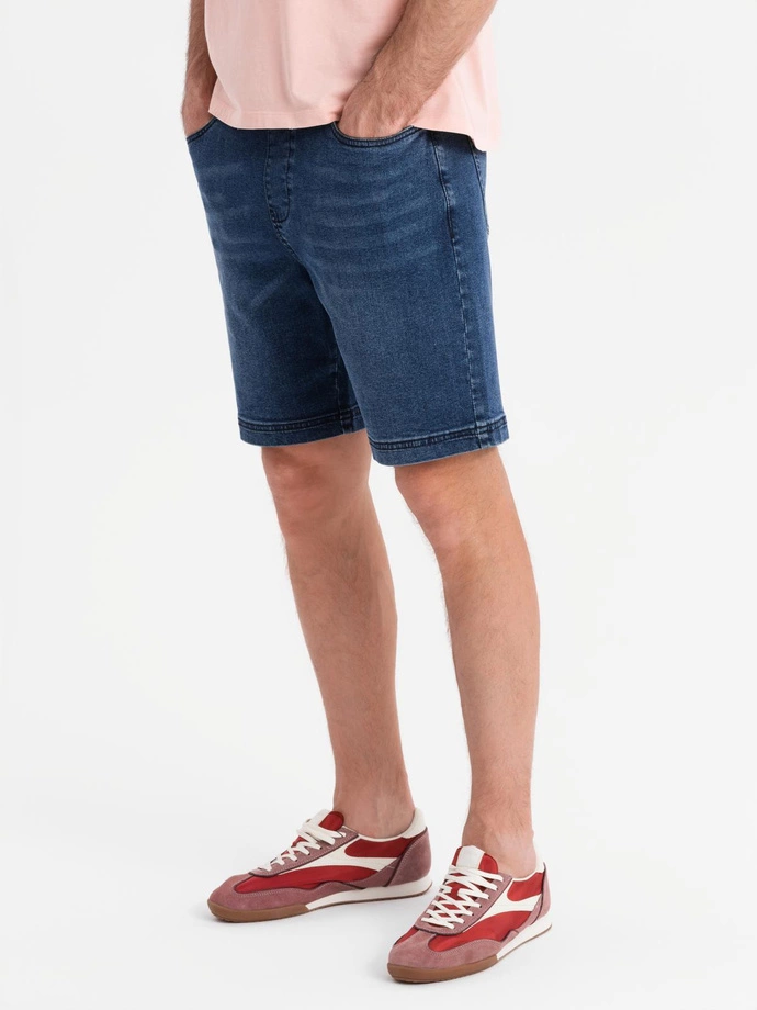 Men's shorts with elastic waistband and wash effect - blue V2 OM-SRDS-0192