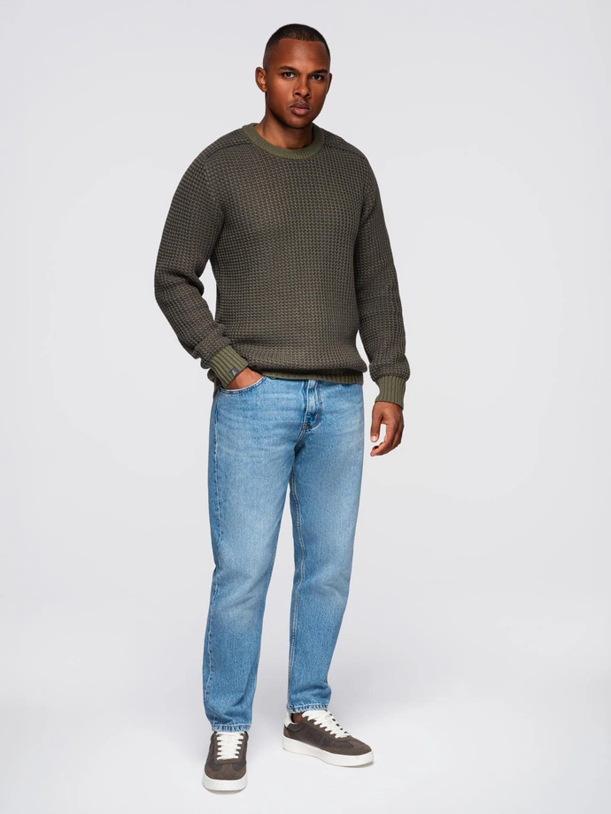 Men's contrast weave sweater with round neckline - dark olive V2 OM-SWSW-0122