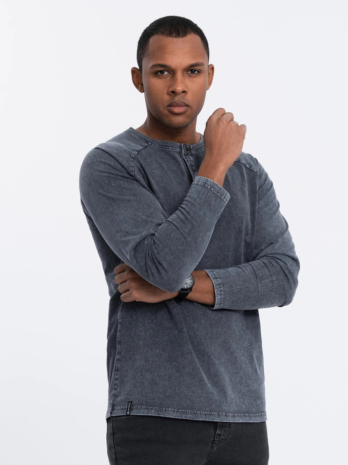 Men's wash henley longsleeve with raglan sleeves - dark blue V2 OM-LSWL-22FW-001