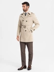 Elegant men's SLIM FIT trench coat with belt - beige V1 OM-COSC-0126