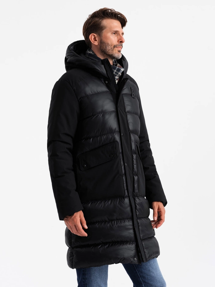 Men's long quilted jacket with large pockets - black V1 OM-JALJ-0165