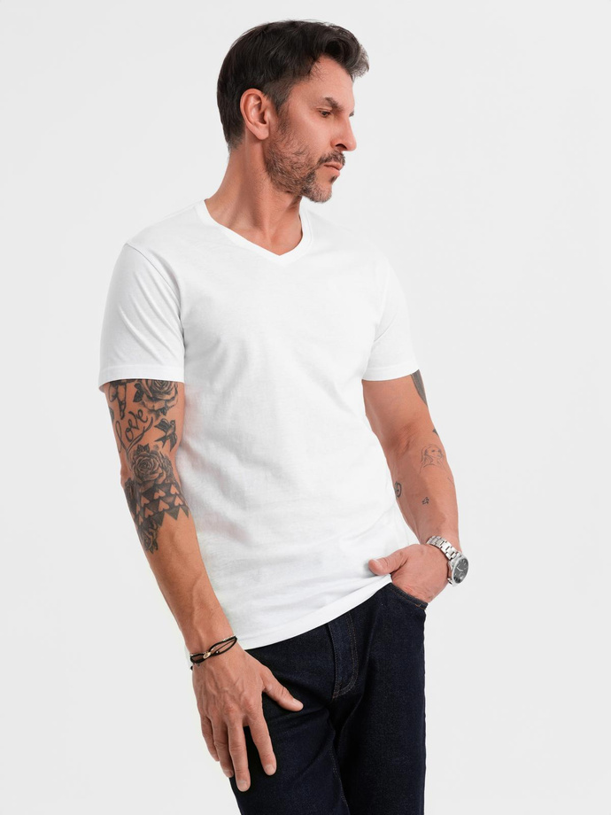 Bumbac clasic pentru bărbați BASIC tricou cu guler în V - maro V10 OM-TSBS-0145